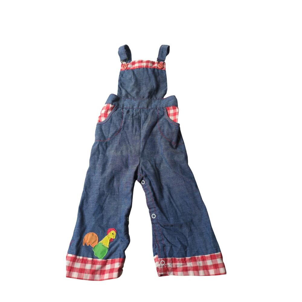 Cottagecore Denim Chambray Overalls Gingham Rooster Patch Farmcore Dungarees